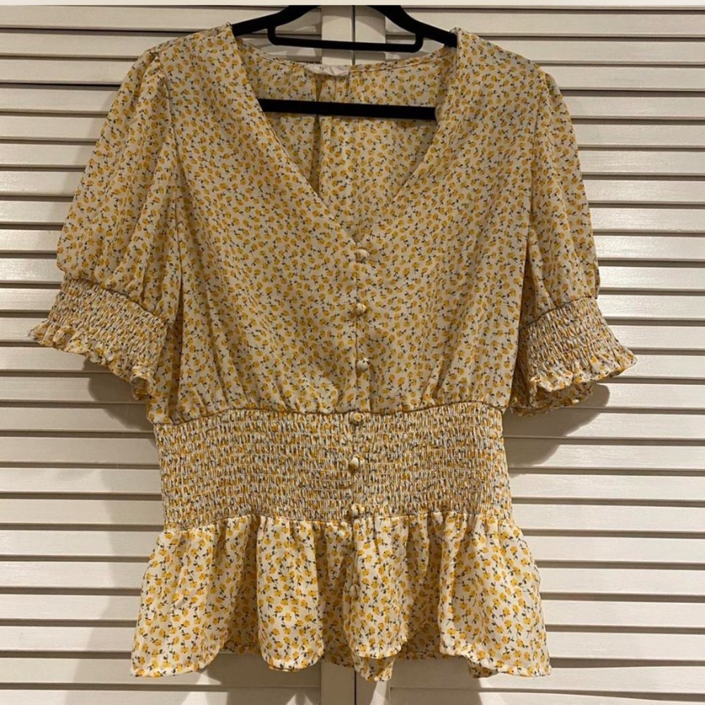 Yellow and White Floral Top with Ruffle Sleeves